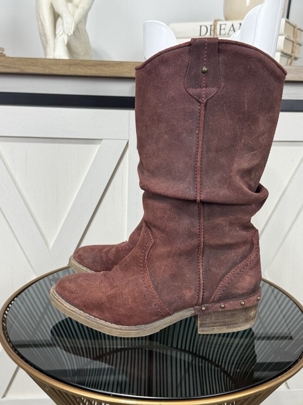 Sundance Etta Slouchy Suede Cowboy Boots Studded Western Burgundy Size 38 US 7
